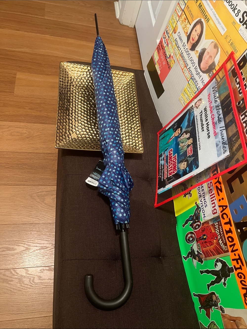 #2535*”24x 35” Long-Navy Polka Dot Compact Umbrella - Picture 7 of 17
